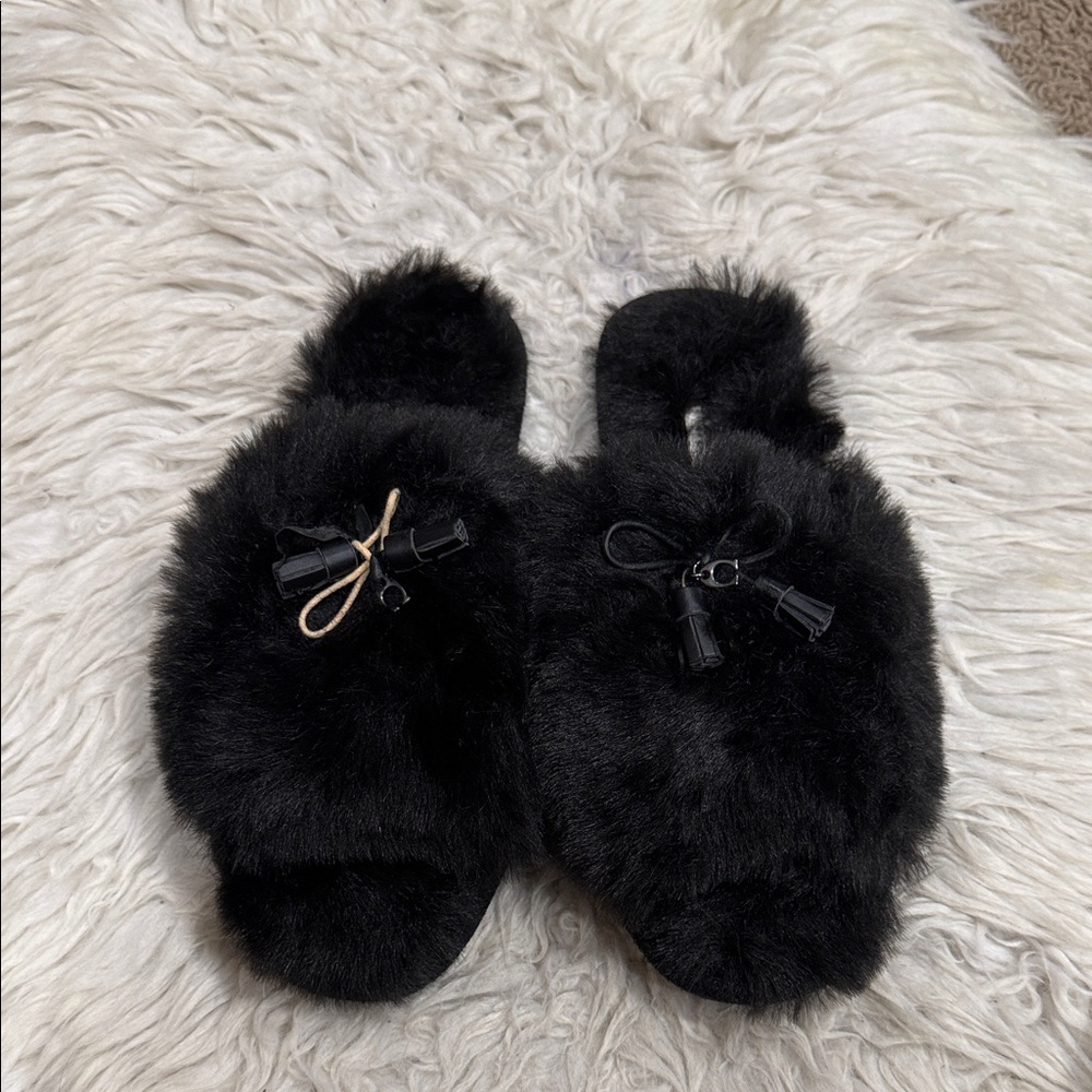 Coach Black Faux Fur Slide Slippers with Tassel Detail